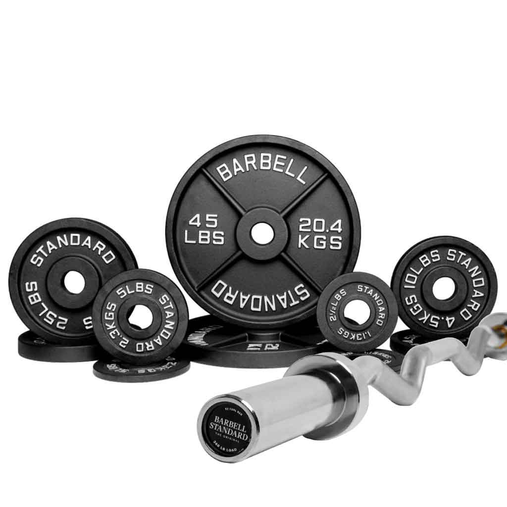 EZ curl barbell set with 180lb of black iron weight plates and chrome curl bar for bicep, tricep, and arm training