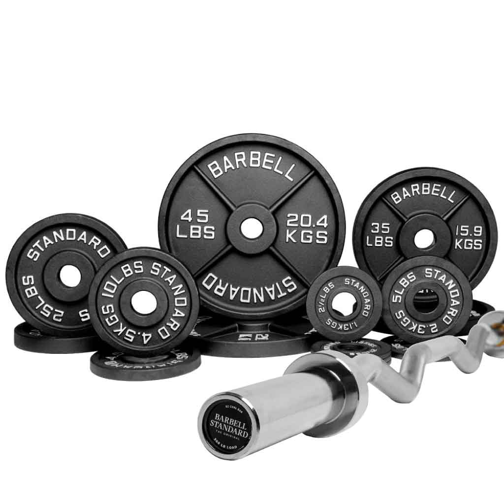 Barbell Standard 250 lb EZ curl bar set with Olympic weight plates and knurled chrome curl bar for versatile bicep and tricep training