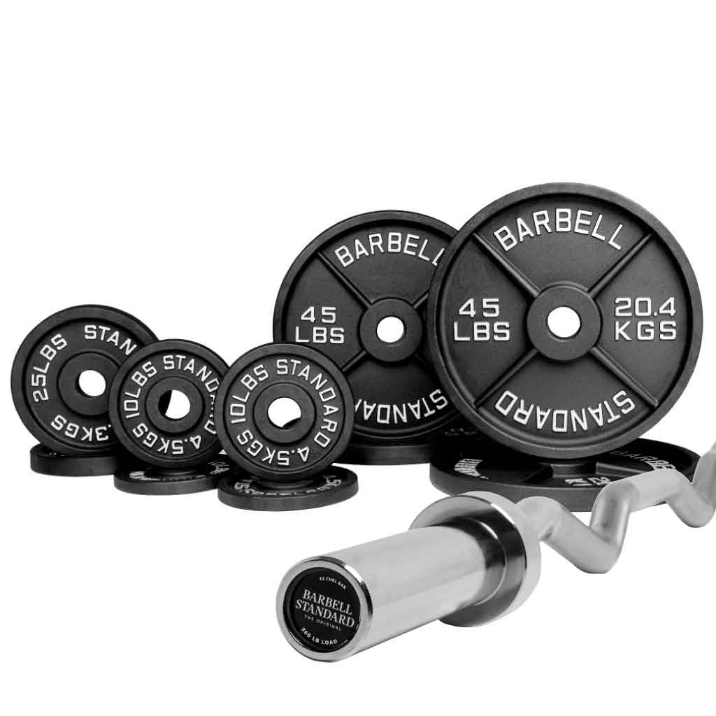 Barbell Standard 270 lb EZ curl bar set with Olympic weight plates and knurled chrome curl bar for compact strength training