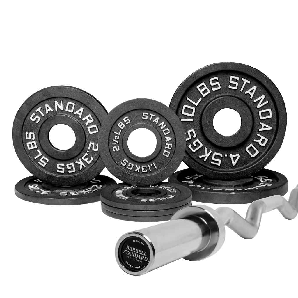 Barbell Standard curl bar with 40 lb set of cast iron weight plates, including 10 lb, 5 lb, and 2.5 lb plates
