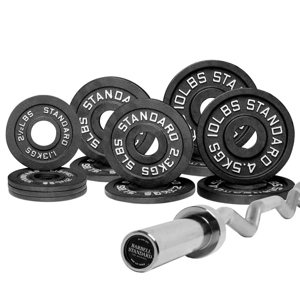 Barbell Standard curl bar with 70 lb set of cast iron weight plates, including 10 lb, 5 lb, and 2.5 lb plates