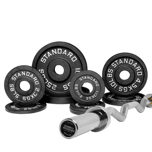 EZ curl barbell set with 90lb of black iron weight plates and chrome curl bar for arm, bicep, and tricep training