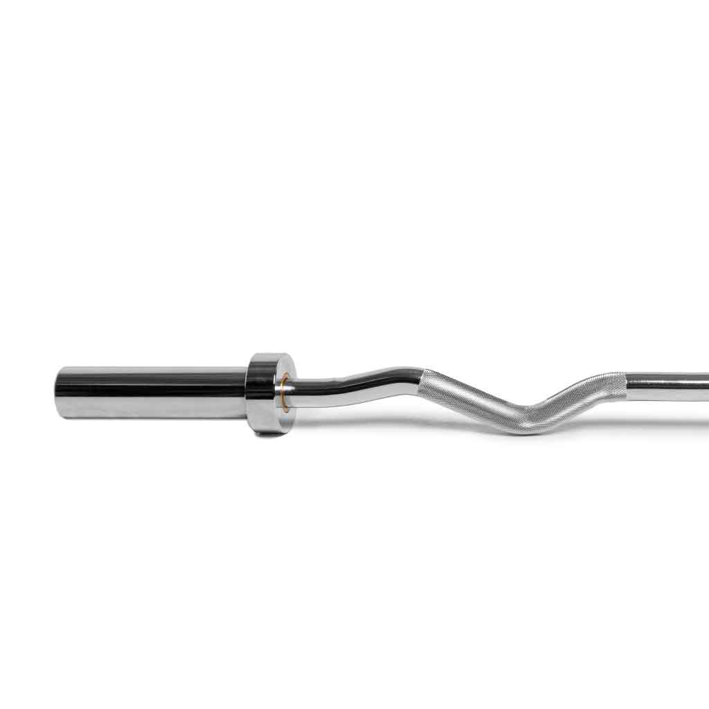Barbell Standard EZ curl bar with knurled grip and chrome sleeves on white background
