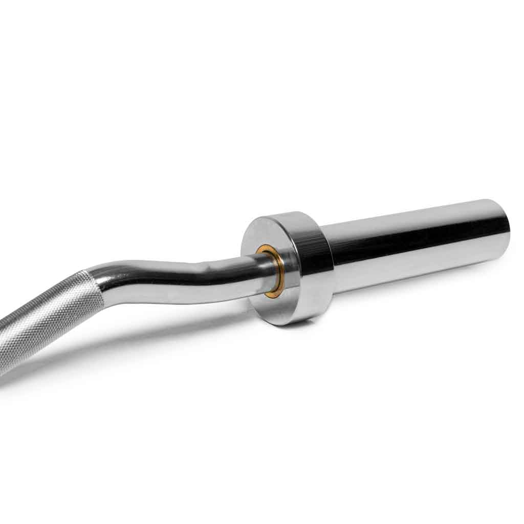 Close-up of Barbell Standard EZ curl bar with chrome sleeves and knurled grip