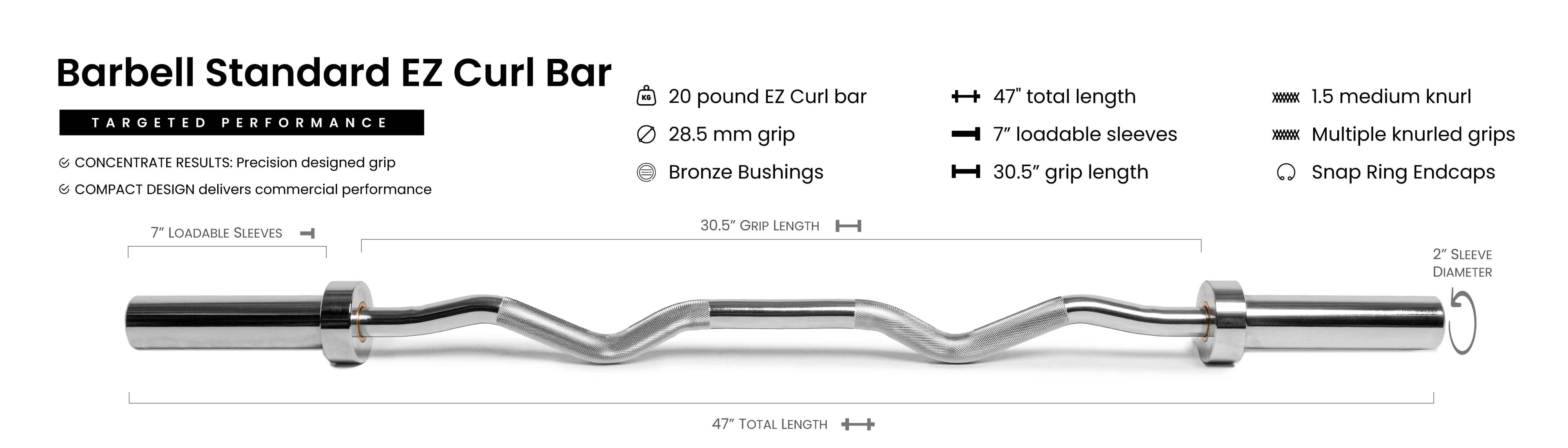 EZ curl bar 20lb with 28.5mm grip, 47in length, 7in loadable sleeves, bronze bushings, and multiple knurled grips