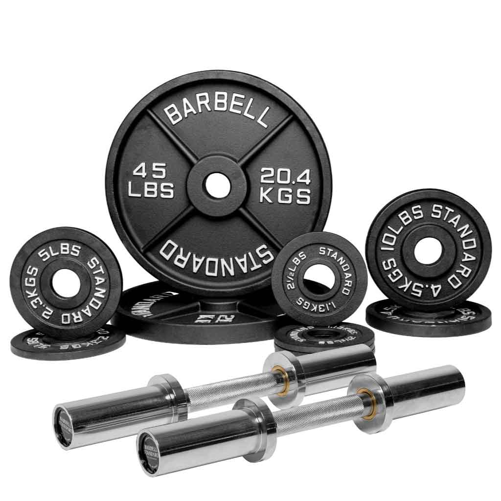 A set of black loadable dumbbell bar weight collars and a pair of silver dumbbell bars with weight plates on the bottom.