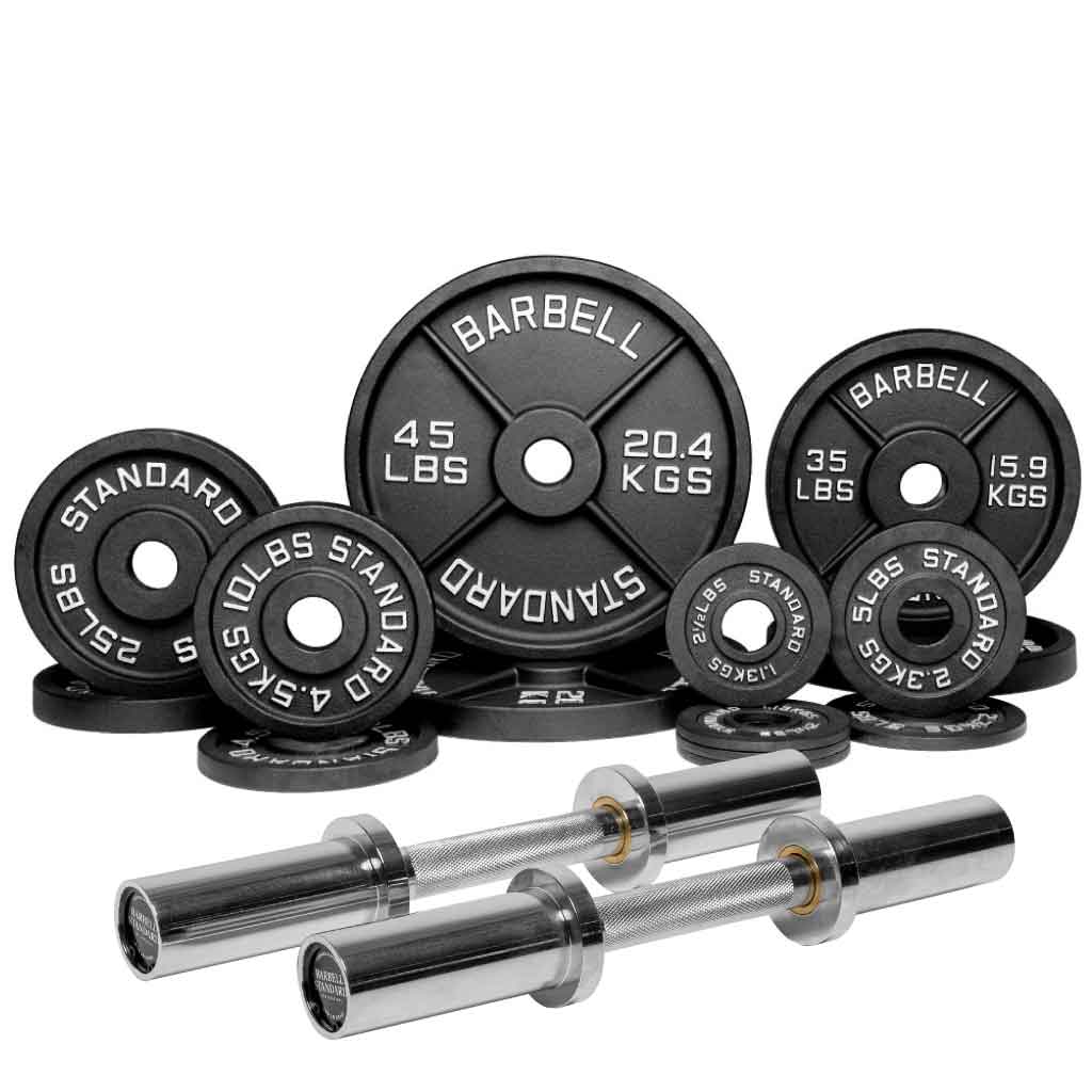 Barbell Standard 250 lb Olympic loadable dumbbell set with precision iron weight plates and chrome dumbbell handles, ideal for compact strength training at home or gym