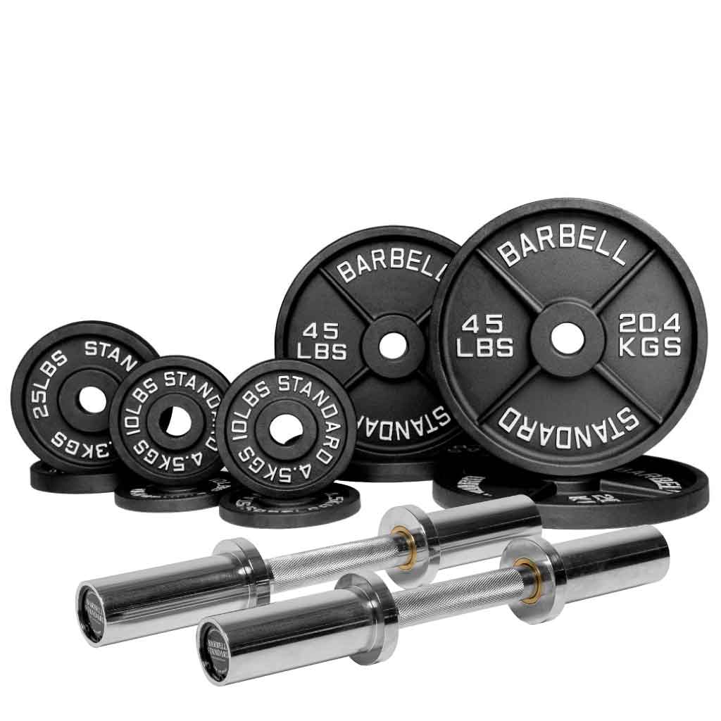 Barbell Standard 270 lb Olympic loadable dumbbell set with black precision iron plates and chrome handles, designed for heavy-duty home gym training