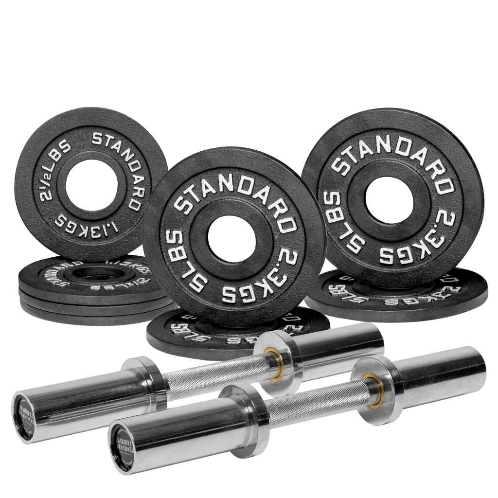 A set of black loadable dumbbell bar weight collars and a pair of silver dumbbell bars with weight plates on the bottom.