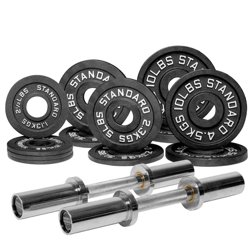 A set of black and silver loadable dumbbell bars with weight plates, showcasing the bars with collars and the weight plates arranged together.