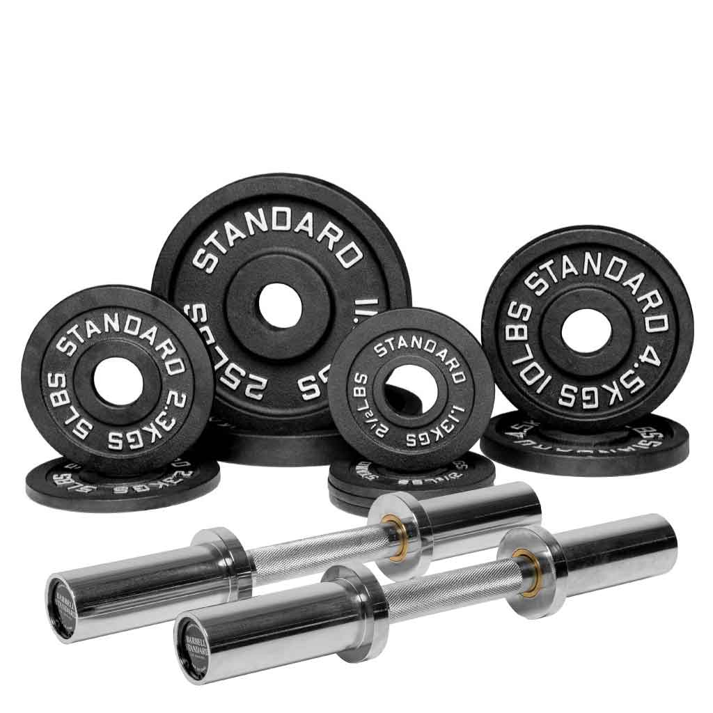 A set of black loadable dumbbell bar weight collars and a pair of silver dumbbell bars with weight plates on the bottom.