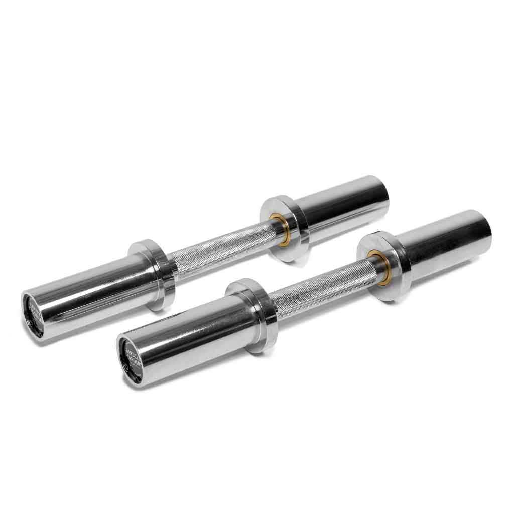 Pair of Barbell Standard adjustable dumbbell handles with knurled grips and chrome finish for weightlifting