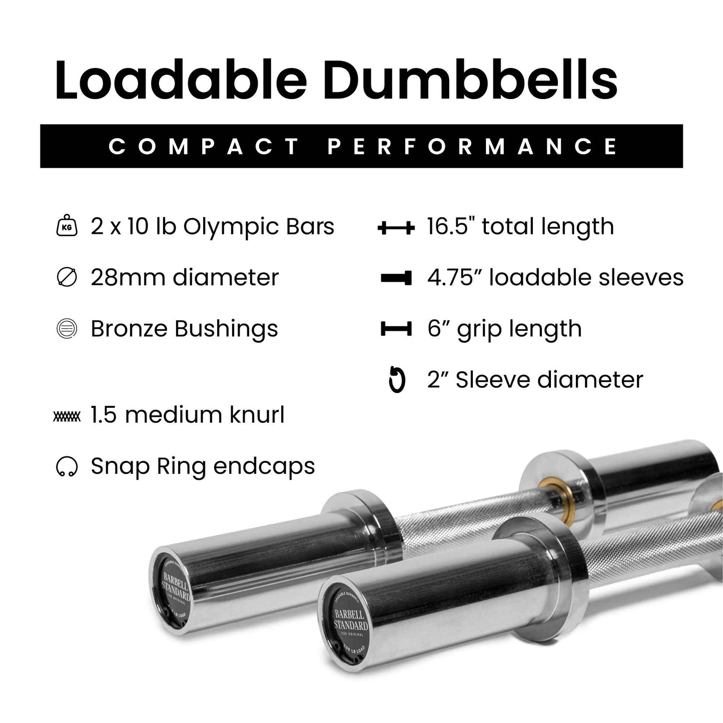 Spec sheet for Barbell Standard loadable dumbbells with 16.5 inch length, 28mm grip, bronze bushings, and 2 inch sleeve diameter