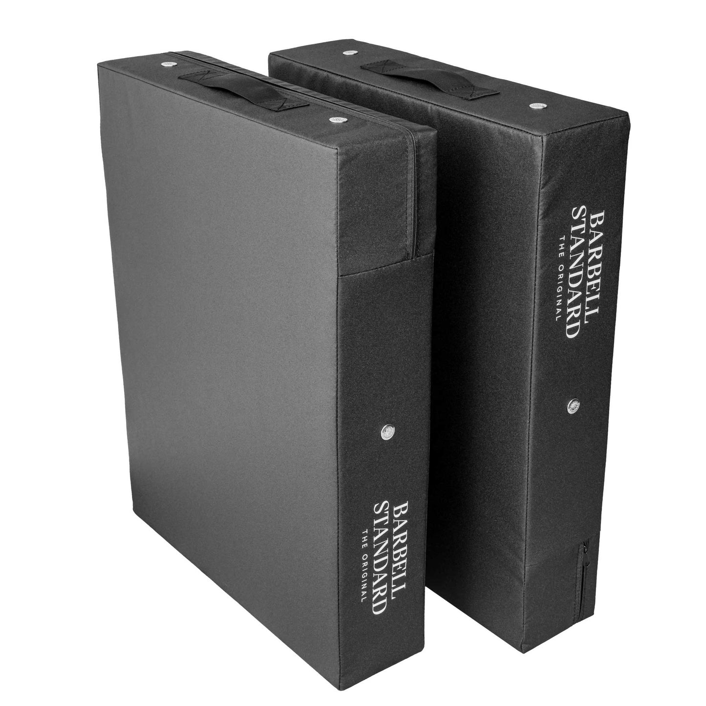 Pair of Barbell Standard drop pads in black with carrying handles, designed for weightlifting noise reduction and floor protection