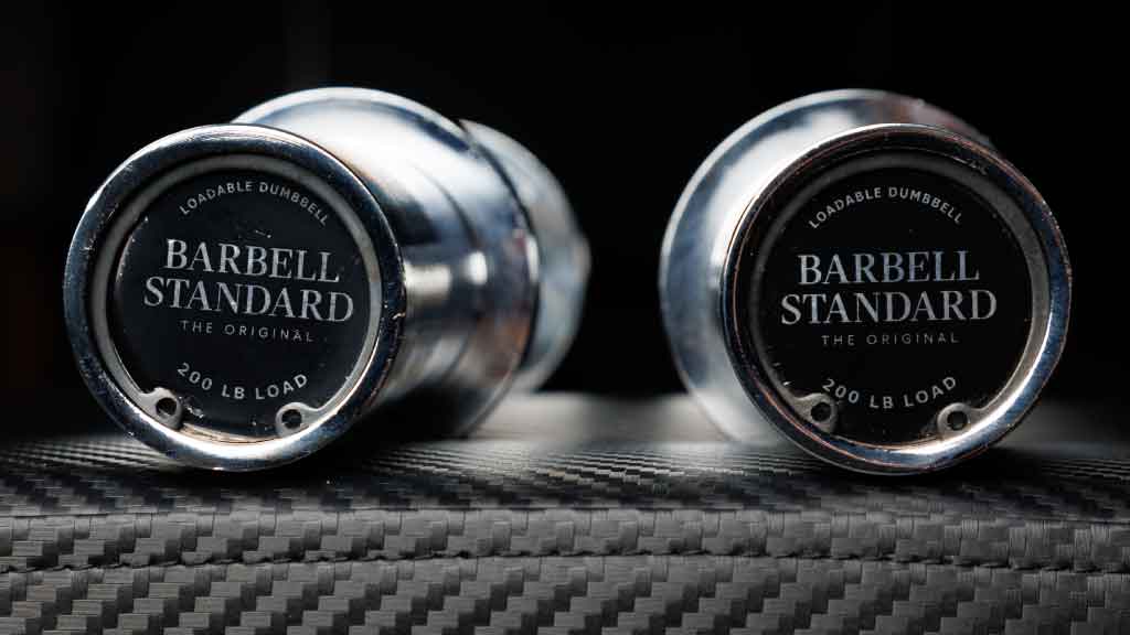 Barbell Standard loadable dumbbells with chrome finish and 200 lb capacity end caps on carbon surface