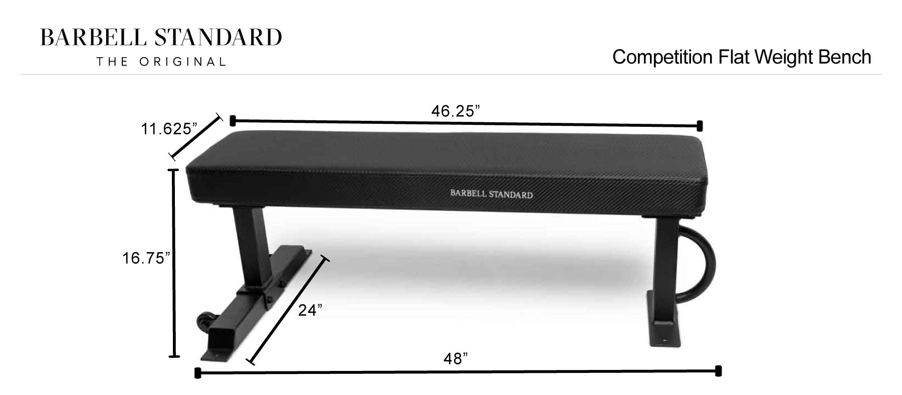 Barbell Standard competition flat weight bench with 48 inch length, 11.625 inch width, and 16.75 inch height for stability