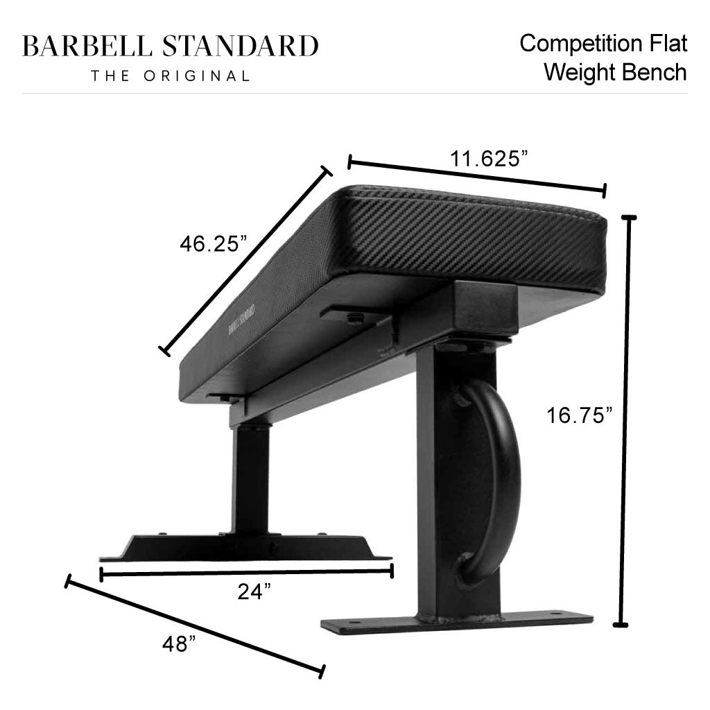 Barbell Standard competition flat weight bench with 46.25 inch pad length, 11.625 inch width, 16.75 inch height, and 48 inch overall base length