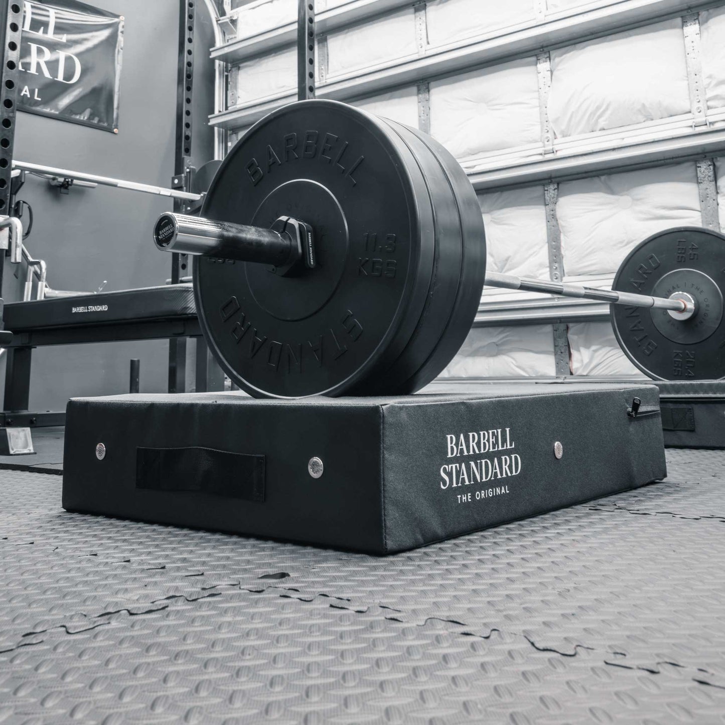 Loaded Olympic barbell with Barbell Standard weight plates resting on drop pads in a home gym