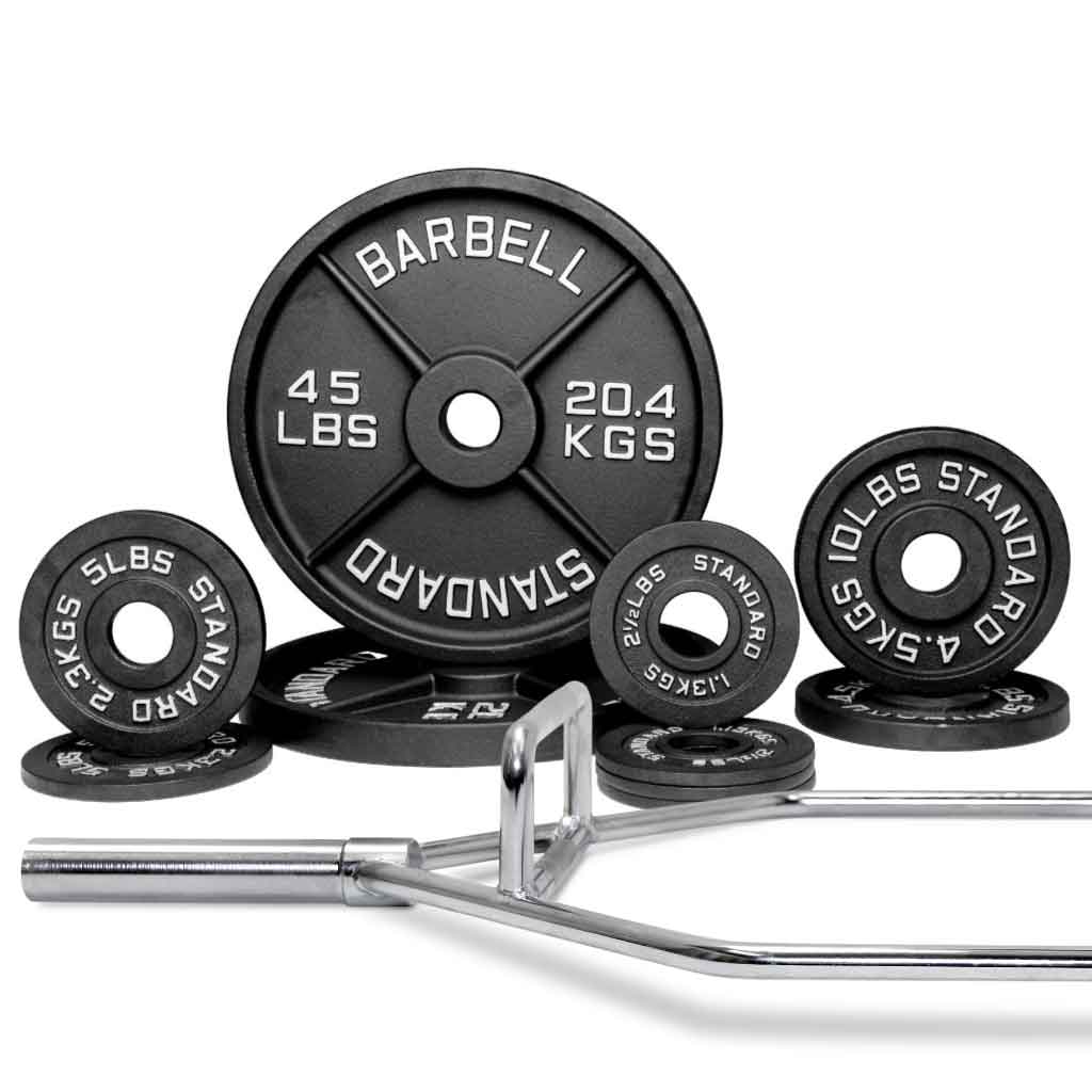 Barbell Standard hex trap bar with 130 lb iron Olympic weight plate set for deadlifts, shrugs, and full-body strength training
