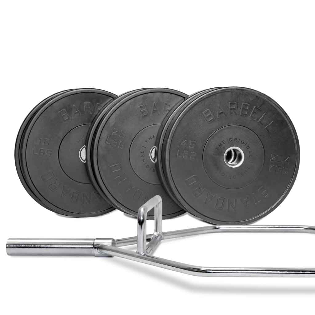 Barbell Standard hex trap bar with 160 lb Olympic iron weight plate set, perfect for squats, deadlifts, shrugs, and functional training