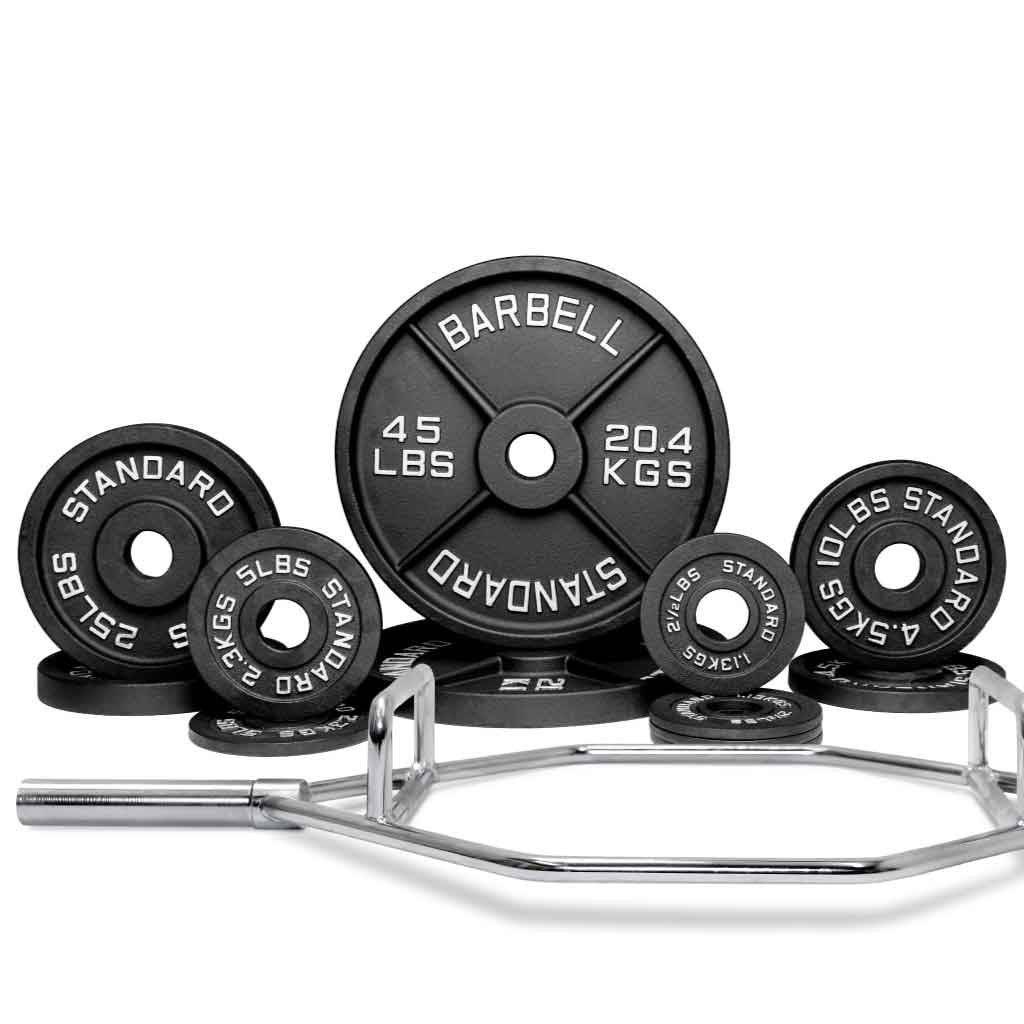 Barbell Standard hex trap bar with 180 lb iron Olympic weight plate set for deadlifts, shrugs, and functional strength training
