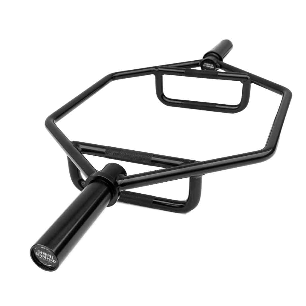 A black compact hex barbell with premium finish and dual knurl grips.