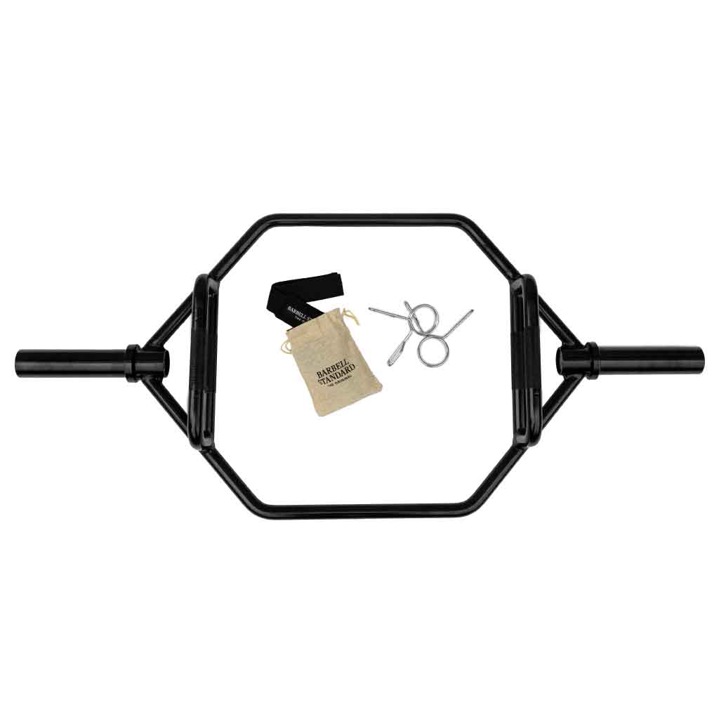 Barbell Standard hex trap bar set with lifting straps, spring collars, and drawstring storage bag