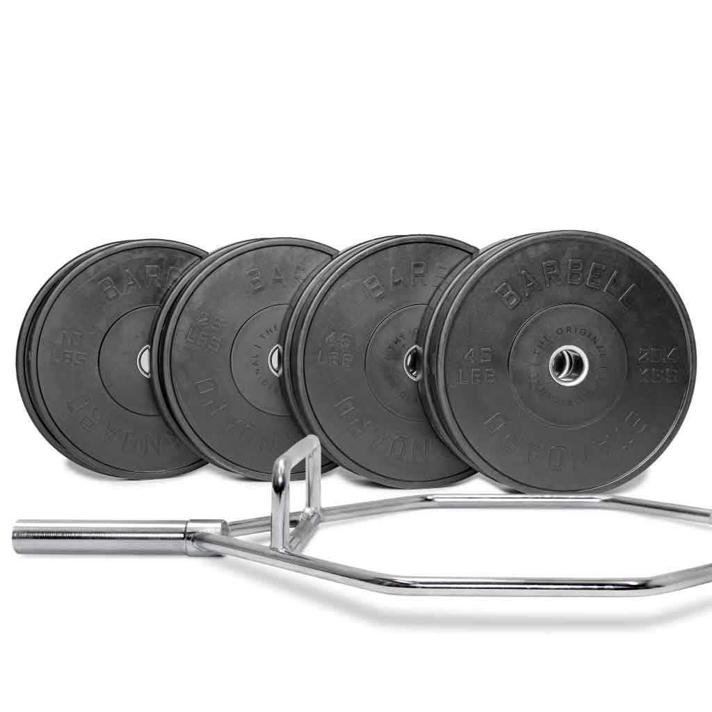 Barbell Standard hex trap bar with 250 lb iron weight plate set, Olympic sleeves for deadlifts, shrugs, and strength training