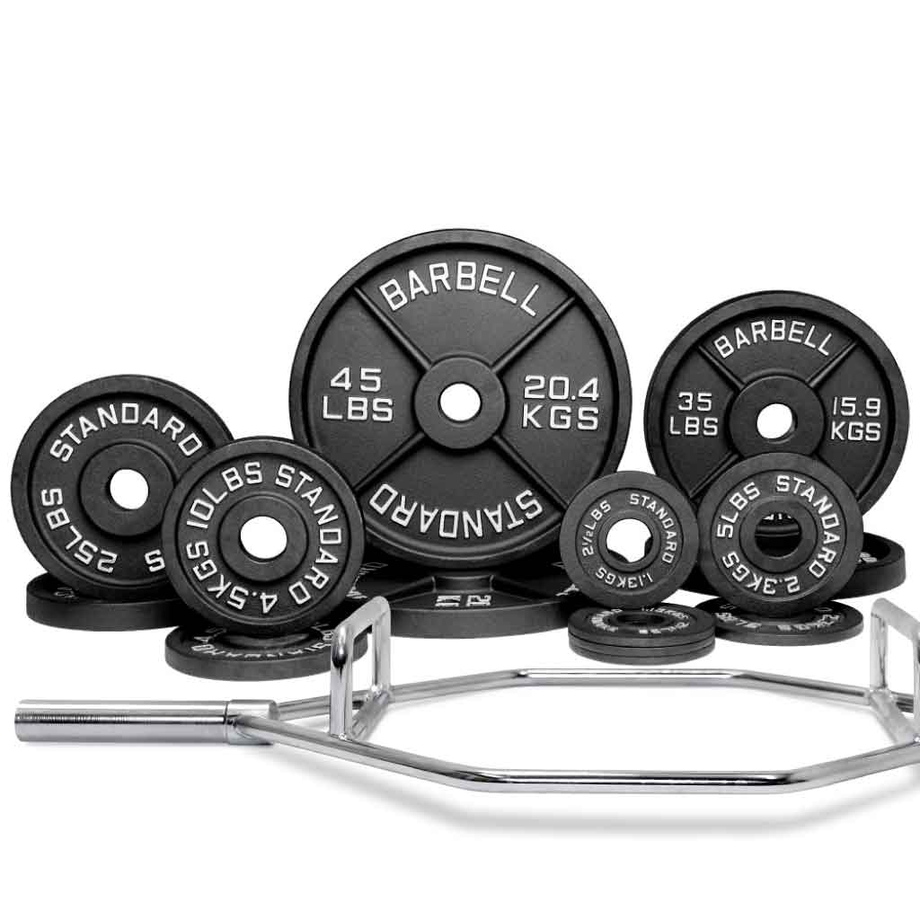 Barbell Standard hex trap bar with 250 lb Olympic iron weight plate set, ideal for heavy deadlifts, shrugs, and strength training