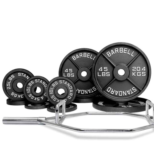 Barbell Standard hex trap bar set with 270lb cast iron Olympic plates for deadlifts, squats, and strength training