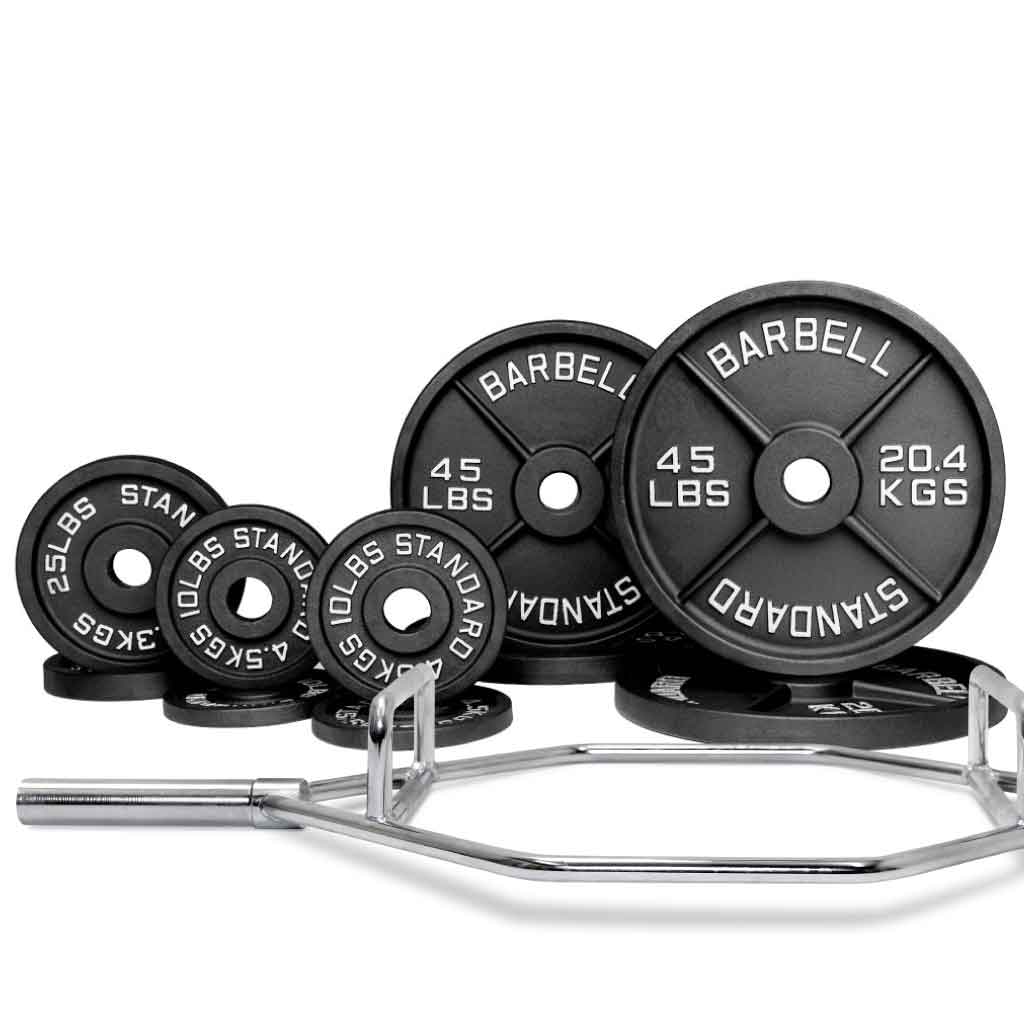 Barbell Standard hex trap bar with precision iron weight plates, Olympic 2 inch sleeves, ideal for deadlifts and shrugs