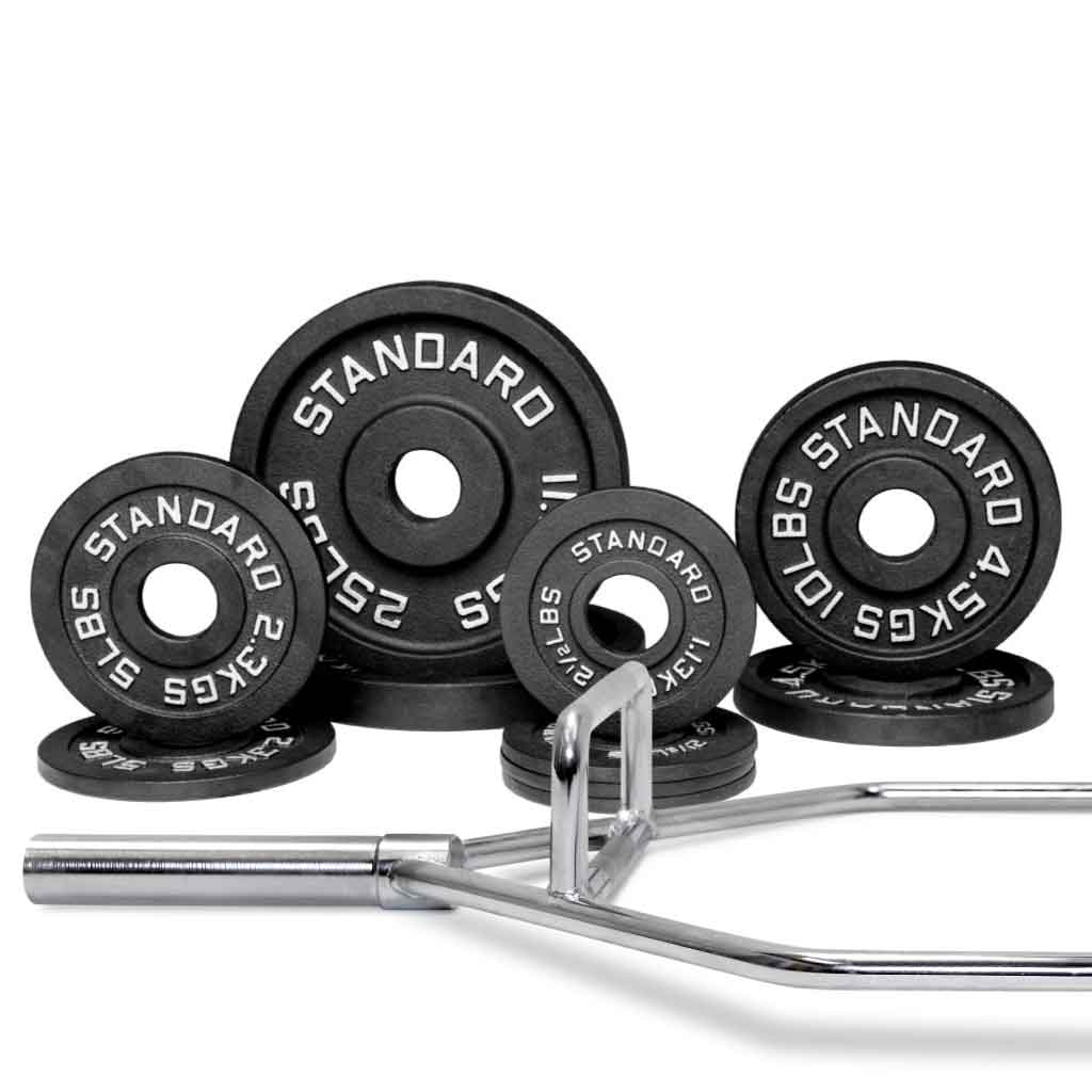 Barbell Standard hex trap bar with 90 lb precision iron weight plate set, 2 inch Olympic sleeves for strength training