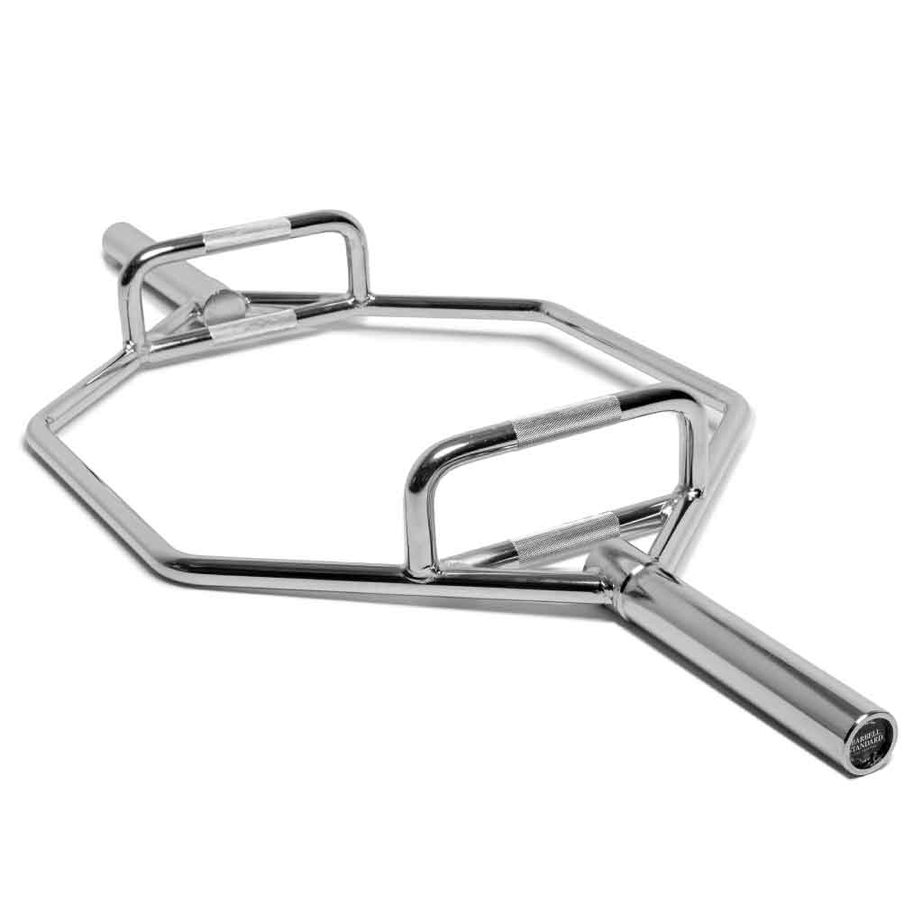 A chrome-plated Barbell Standard Hex Bar with dual knurled grips and spring collars, designed for weightlifting and deadlifts.
