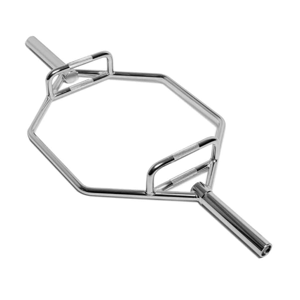 Barbell Standard chrome hex trap bar with dual knurled handles for strength training and deadlifts