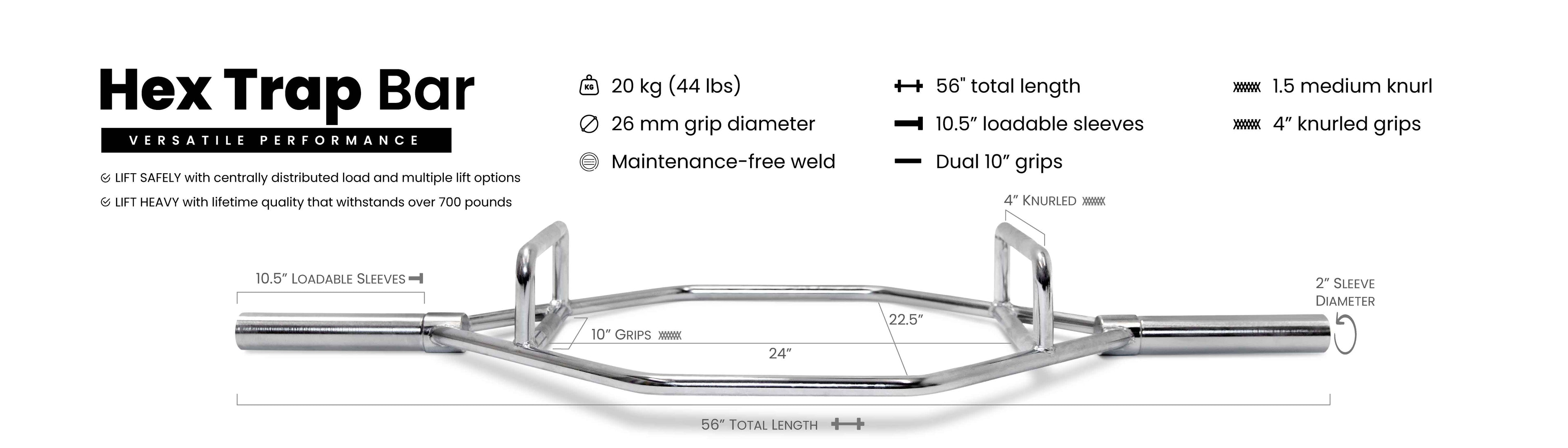 Hex Trap Bar specs, 20kg, 56" length, 10.5" sleeves, dual 10" grips, 26mm grip, 700lb weld strength, chrome finish
