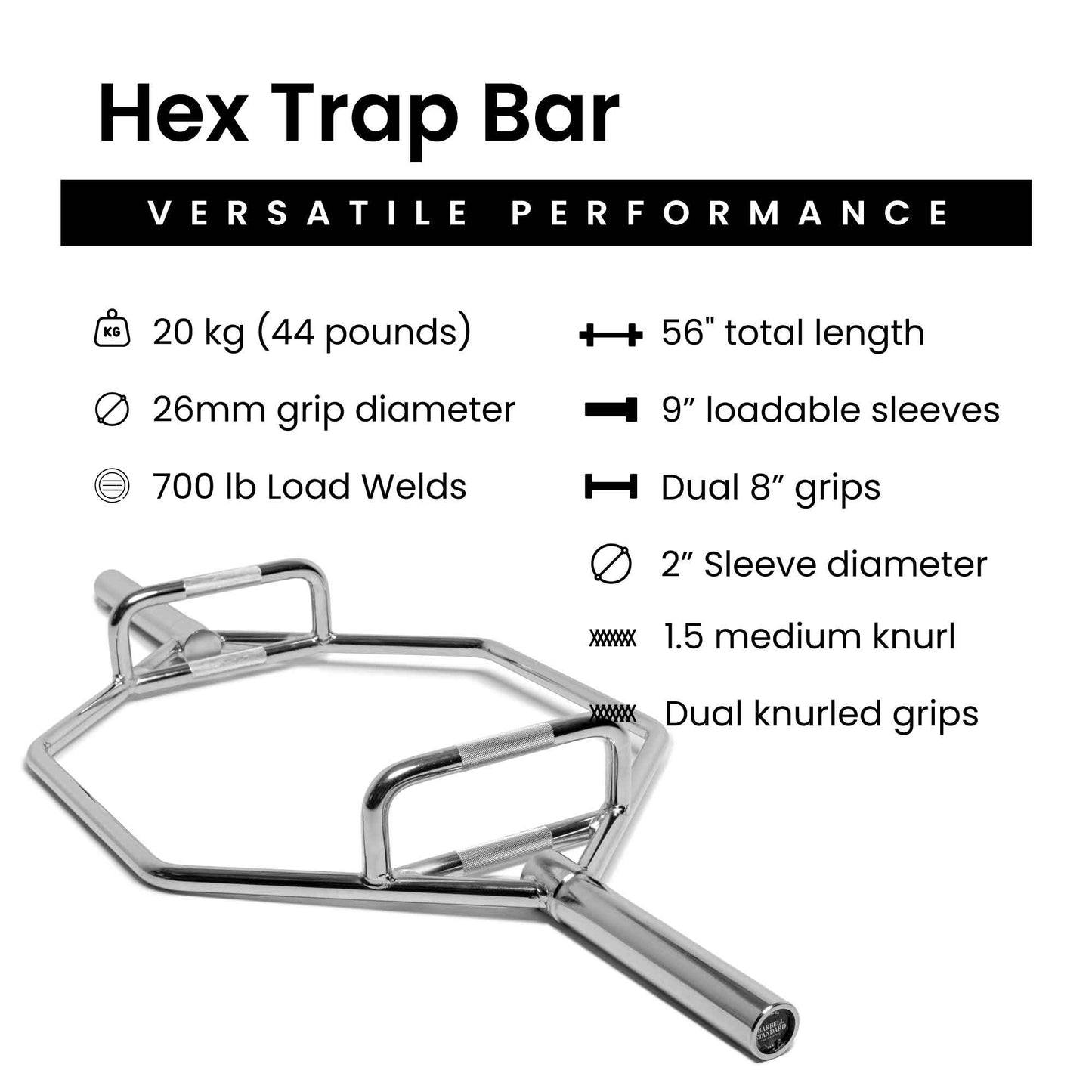 Barbell Standard Hex Trap Bar with specs including 56 inch length, dual knurled grips, 9 inch sleeves, and 700 lb load welds