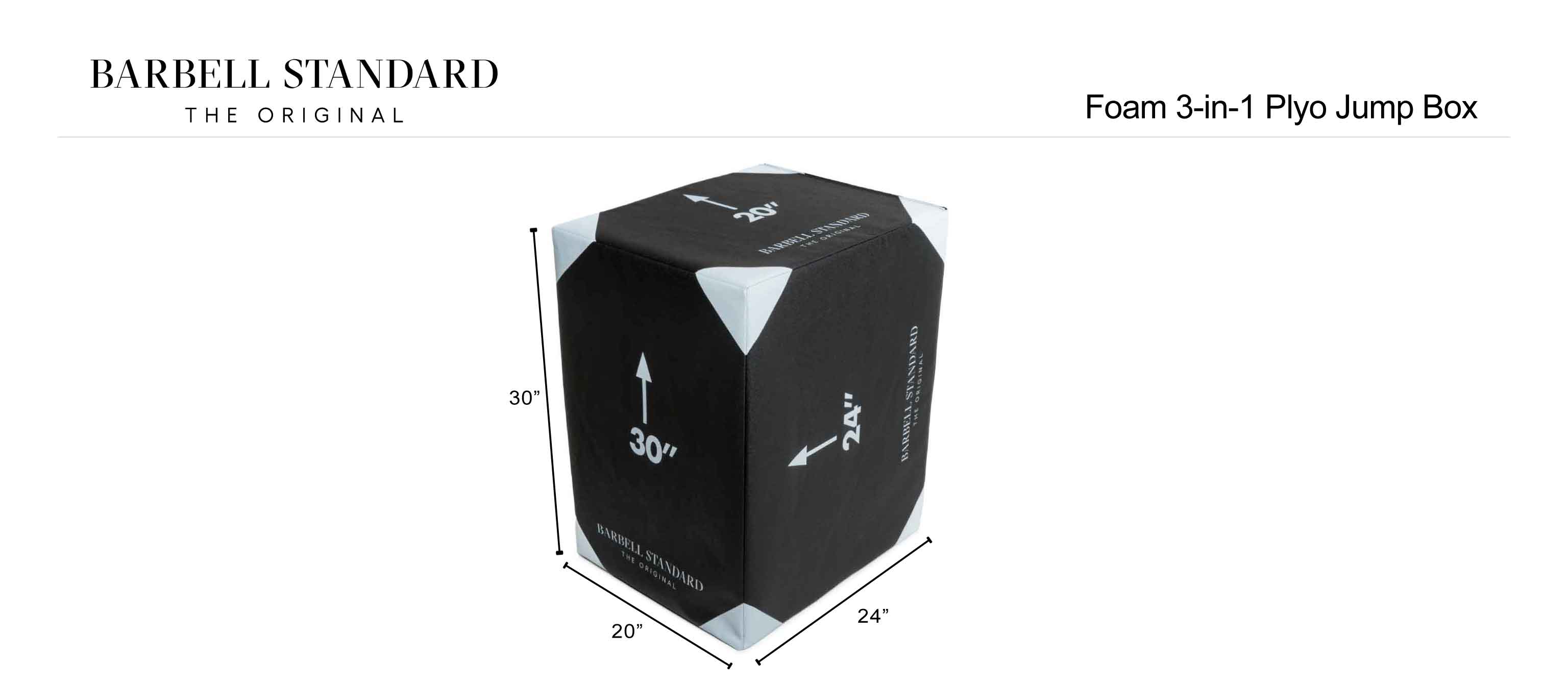 Barbell Standard foam 3-in-1 plyo jump box with 30, 24, and 20 inch height options shown with dimensions