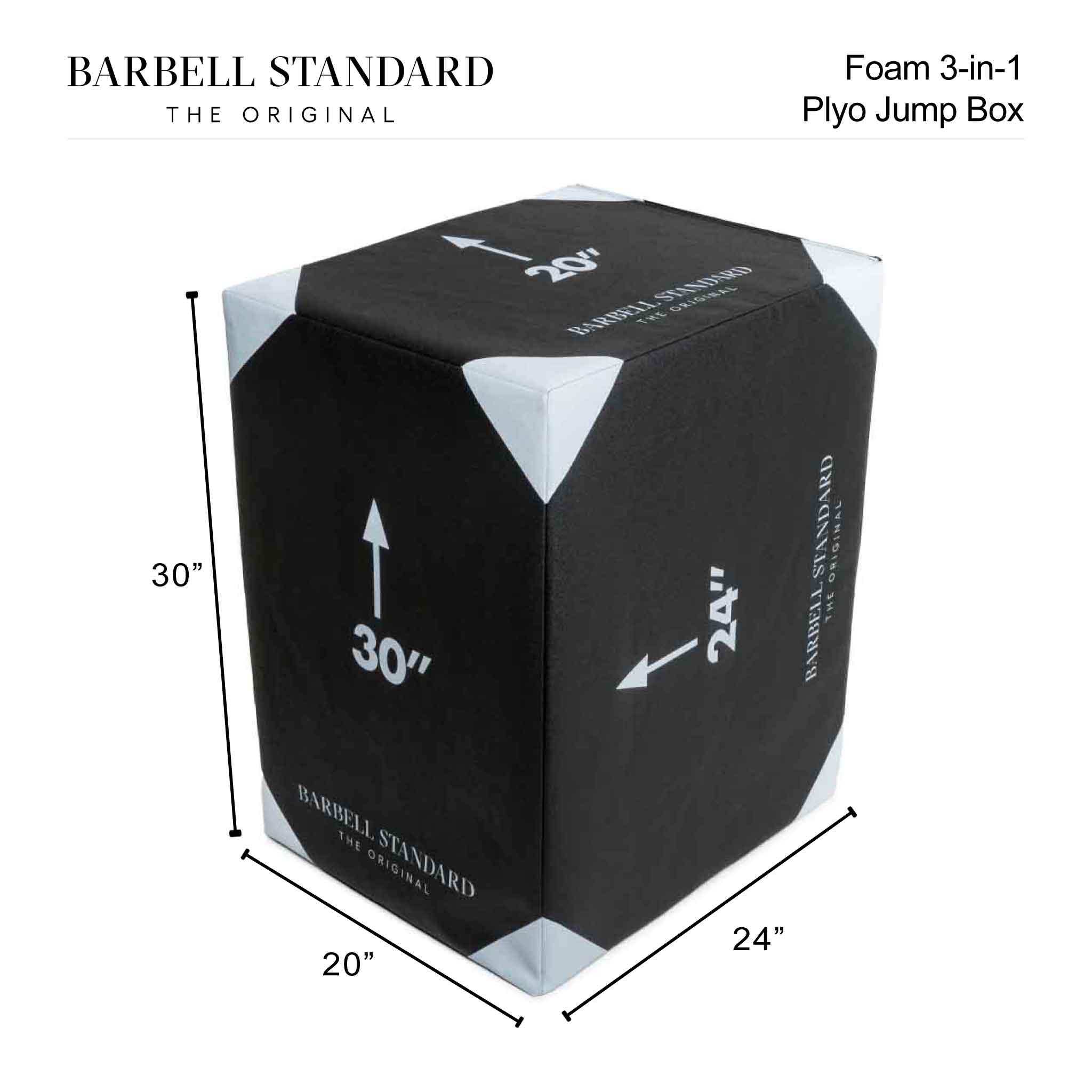 Barbell Standard foam 3-in-1 plyo jump box with 30, 24, and 20 inch dimensions for versatile training workouts