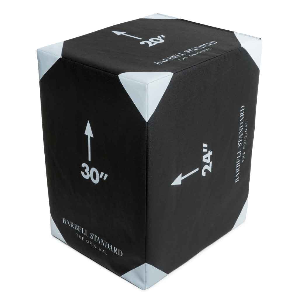 Barbell Standard 3-in-1 foam plyo jump box showing 20, 24, and 30-inch height options for versatile training