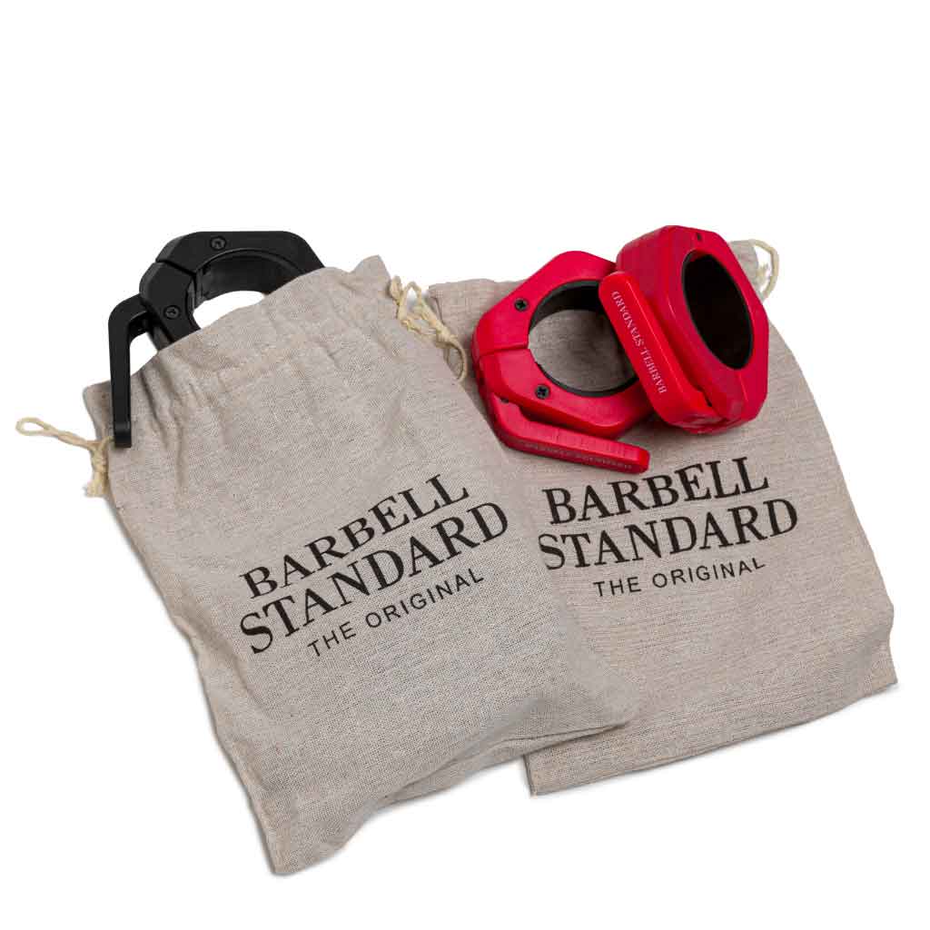Barbell Standard magnetic barbell collars in black and red with branded storage bags for Olympic weightlifting and powerlifting