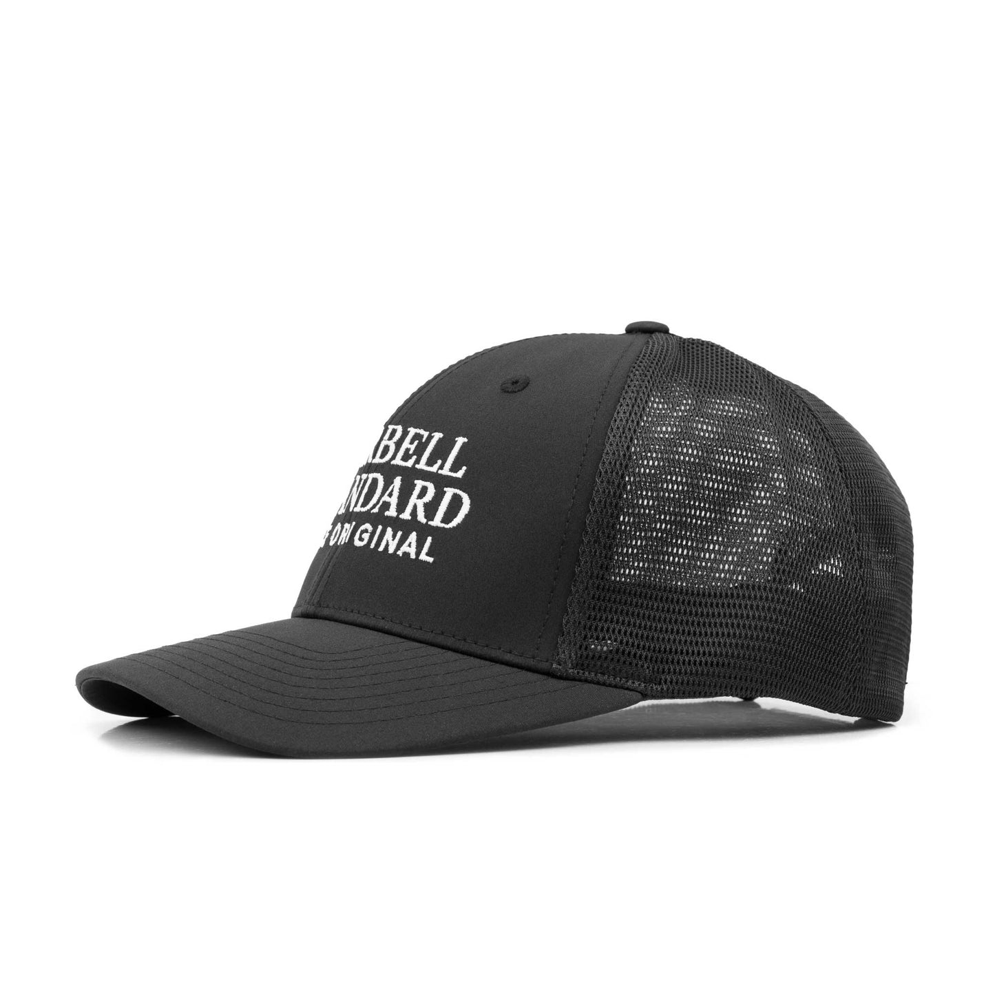 Side view of black Barbell Standard trucker hat with mesh back and white embroidered logo
