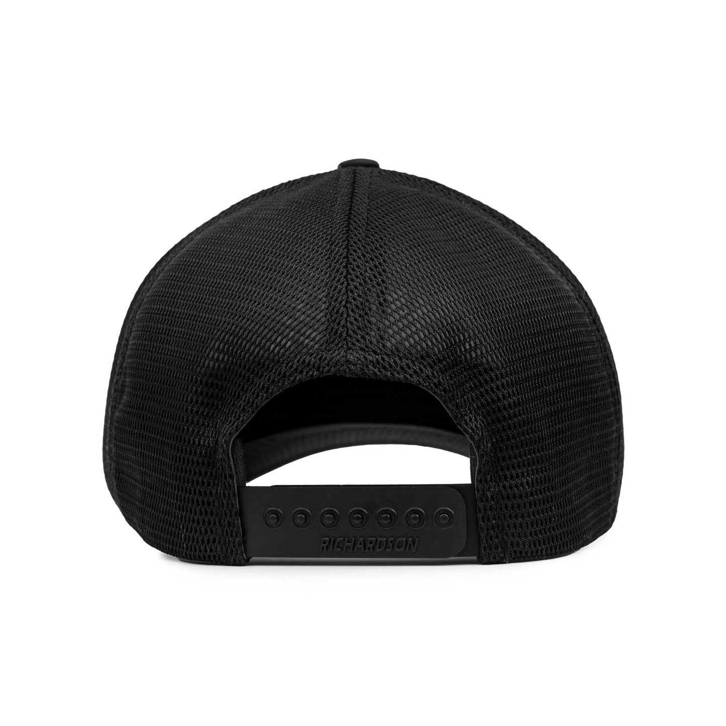 Back view of black Barbell Standard trucker hat with adjustable snapback closure and mesh panels