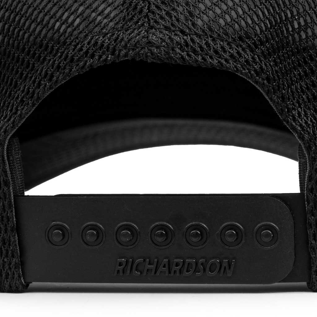Close-up of Barbell Standard performance hat back showing black adjustable Richardson snapback closure and mesh material.