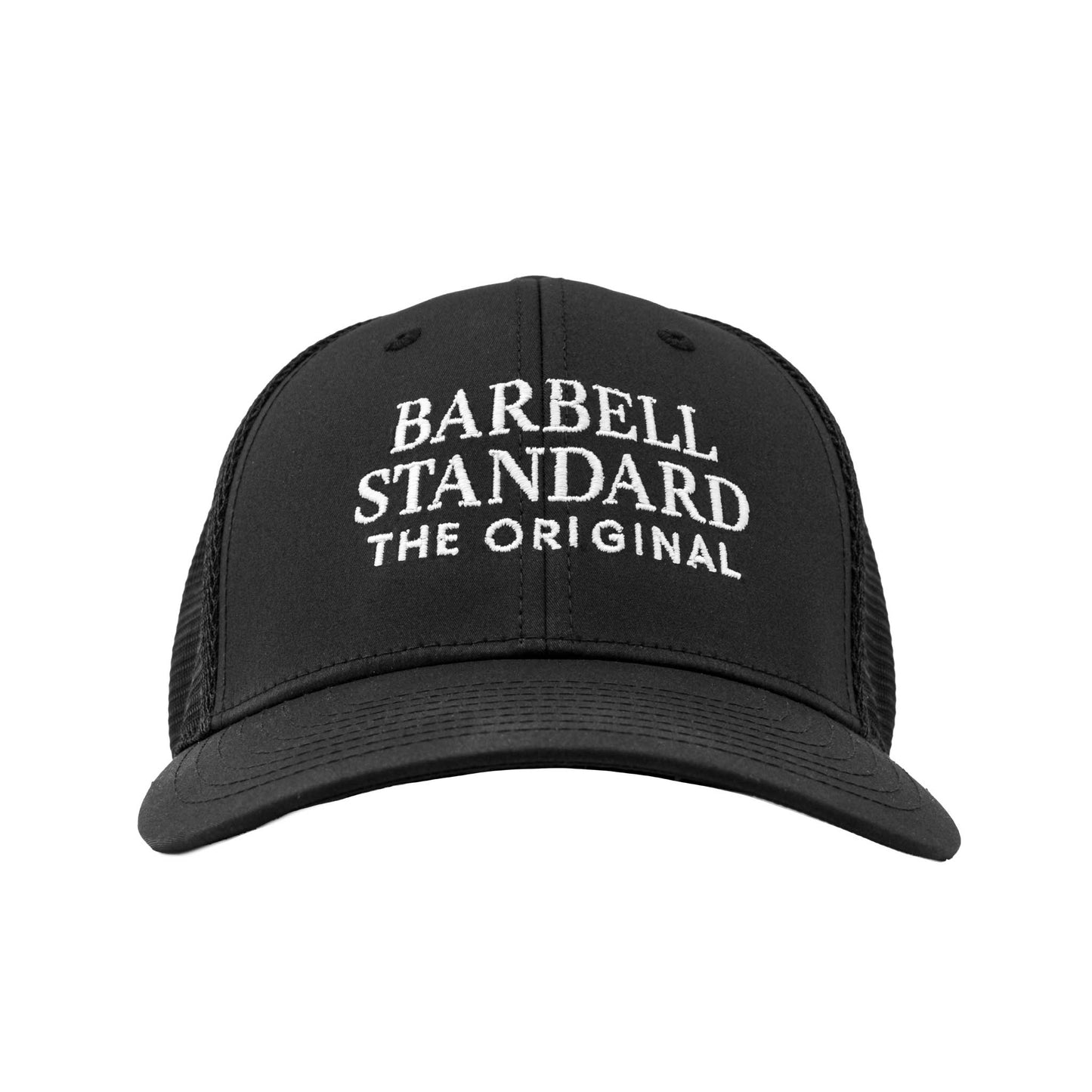 Front view of black Barbell Standard trucker hat with white embroidered logo on front panel