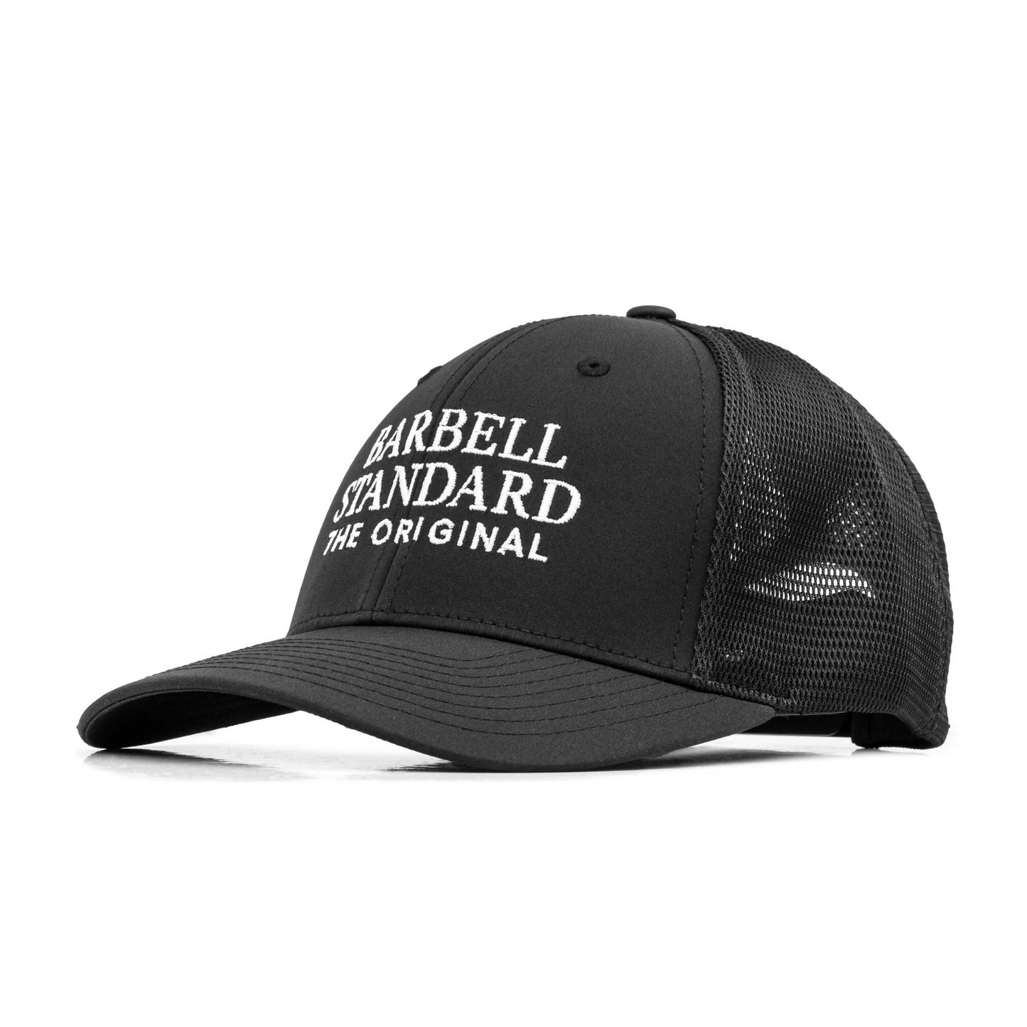 A black Performance Trucker Hat with 'Barbell Standard' embroidered on the front.