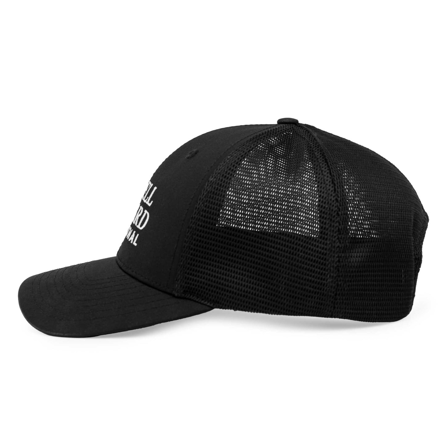 Side profile of black Barbell Standard trucker hat with curved brim and mesh back panels