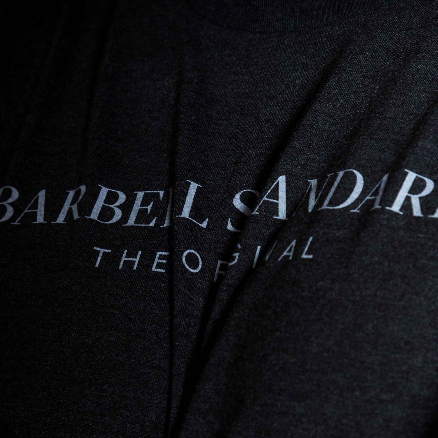 Closeup of black Barbell Standard t-shirt with white "Barbell Standard The Original" logo text