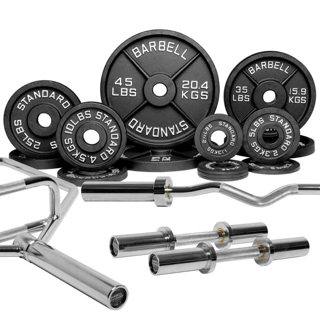 A variety of weight plates and bars for a barbell set, with the branding 'Barbell' visible on the plates.