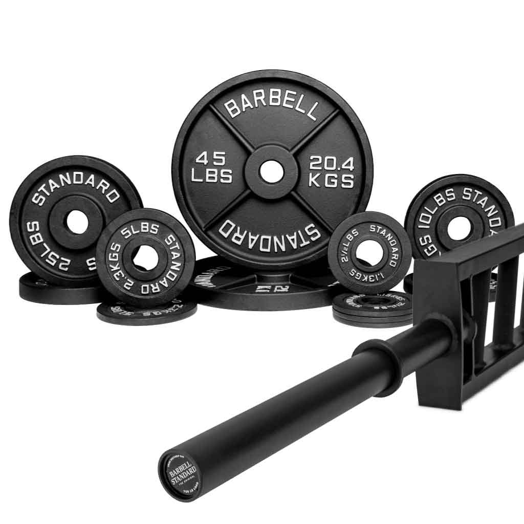 Barbell Standard Swiss bar with 180 lbs iron weight plates, specialty multi-grip bar for strength training