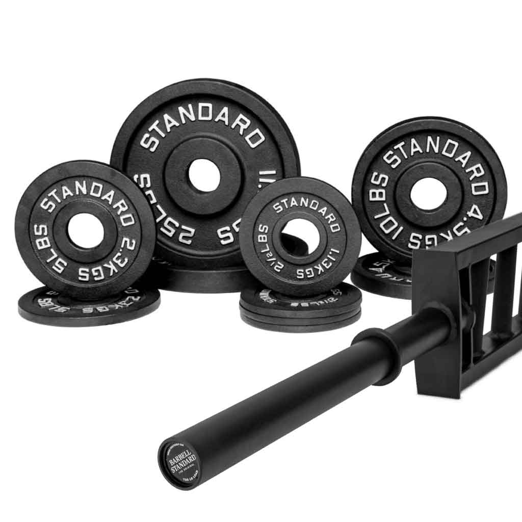Barbell Standard Swiss bar with 90 lbs cast iron weight plates, multi-grip barbell for chest, shoulders, and triceps training